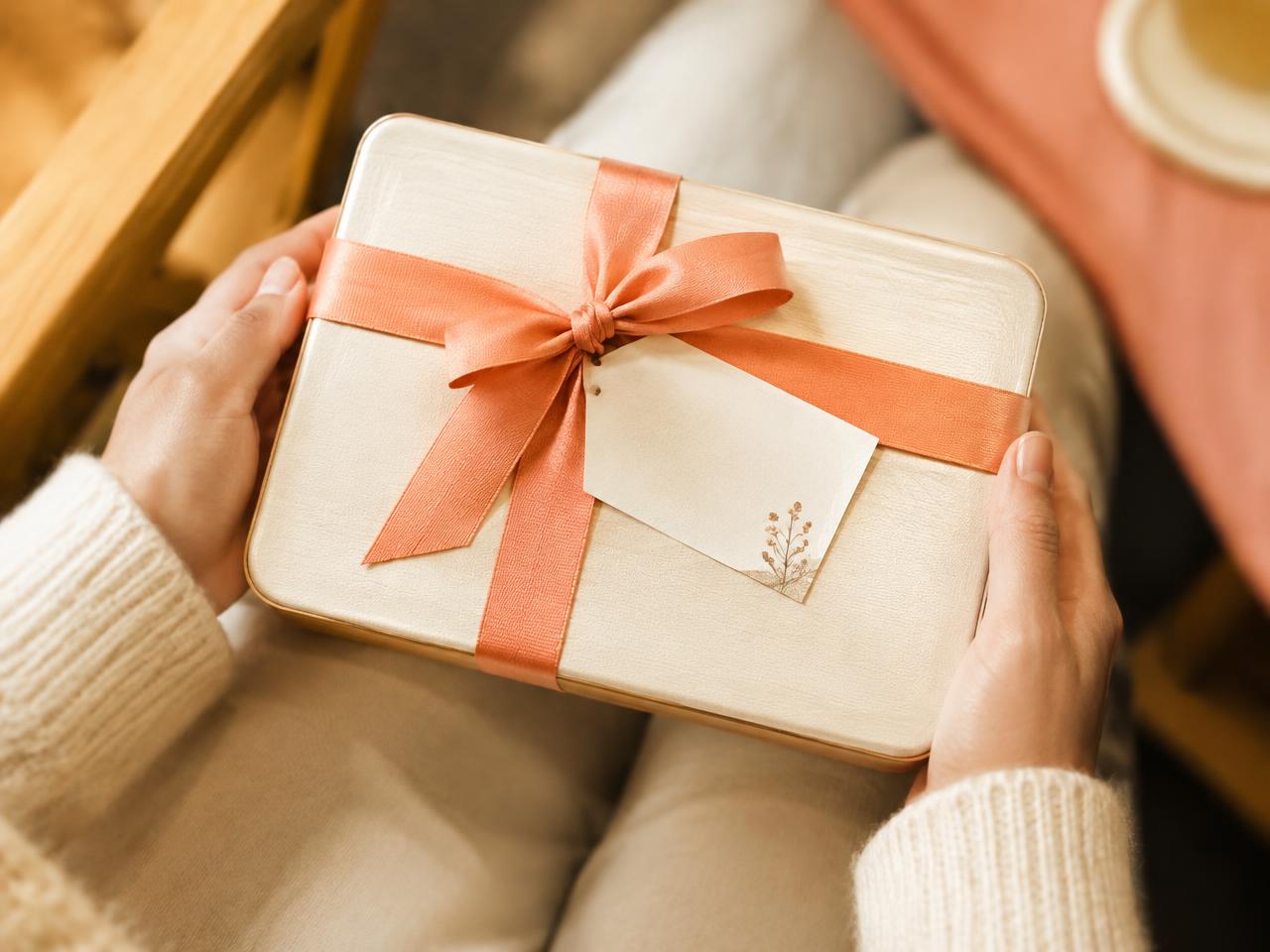 A BentoKart gift box tied with a coral ribbon